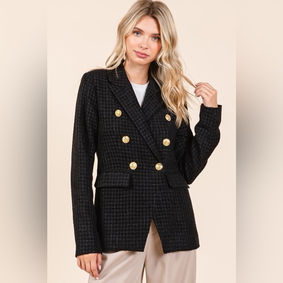 Mittoshop Plaid Texture Double-Breasted Long Sleeve Blazer - Picture 6 of 6
